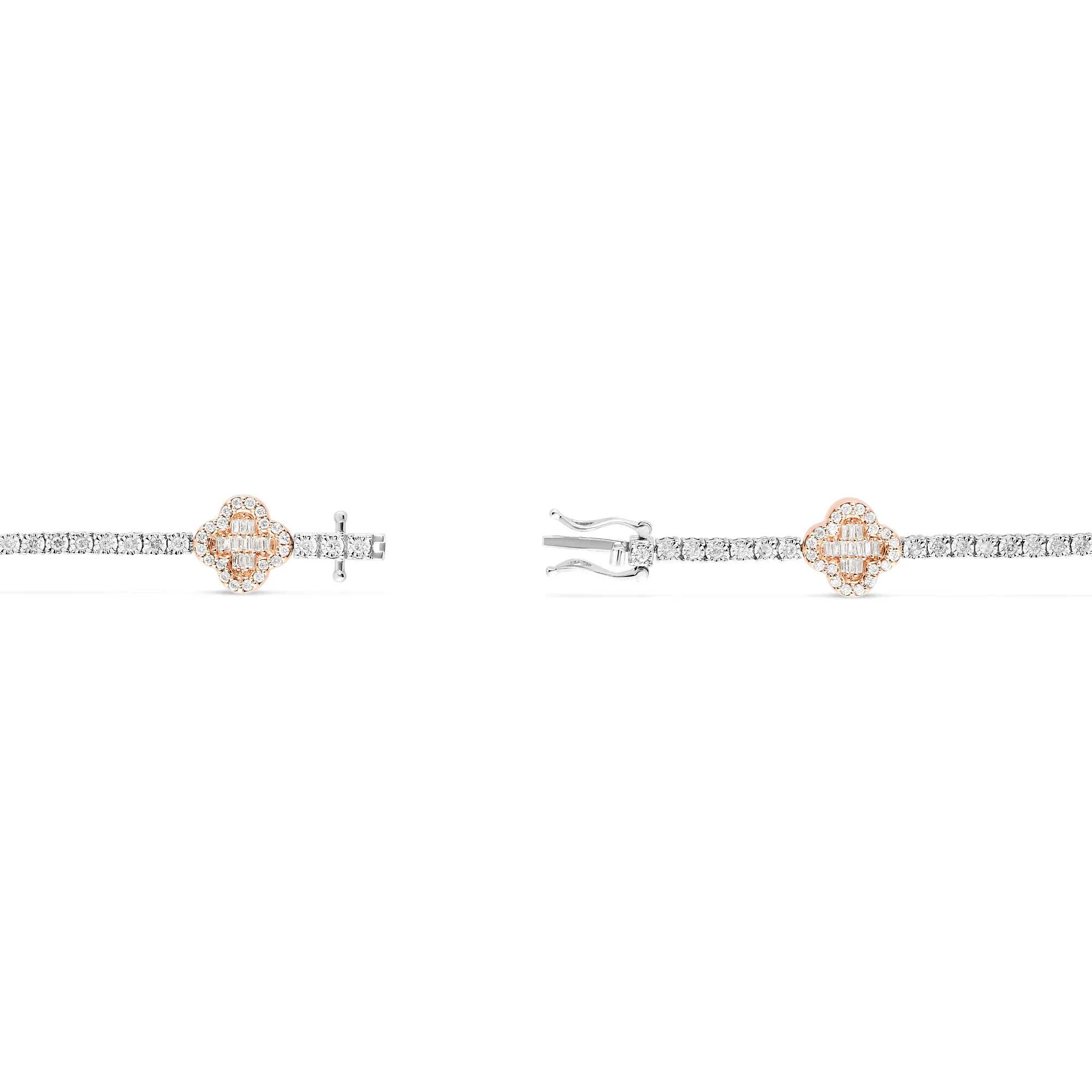 10k Rose Gold Baguette and Round Diamond Clover Tennis Bracelet