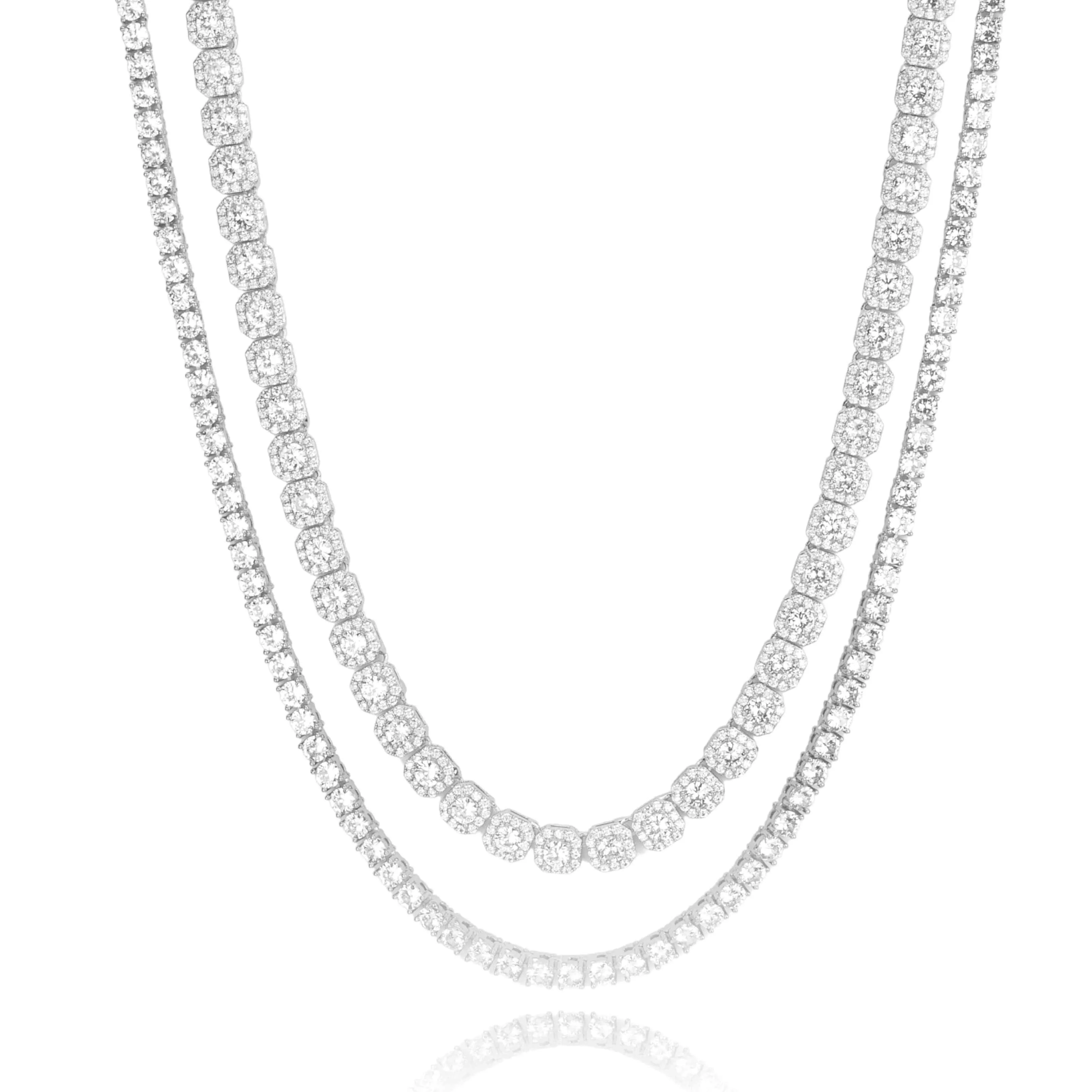 10mm Clustered Tennis   5mm Tennis Chain Bundle - White Gold