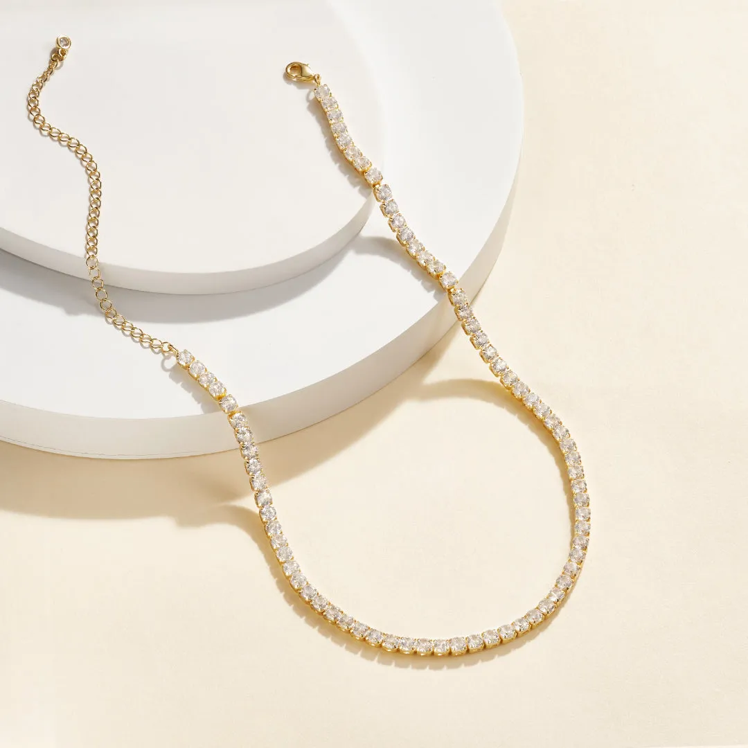 14K Gold Diamond Tennis Necklace CZ Baguette Tennis Chain- Round CZ