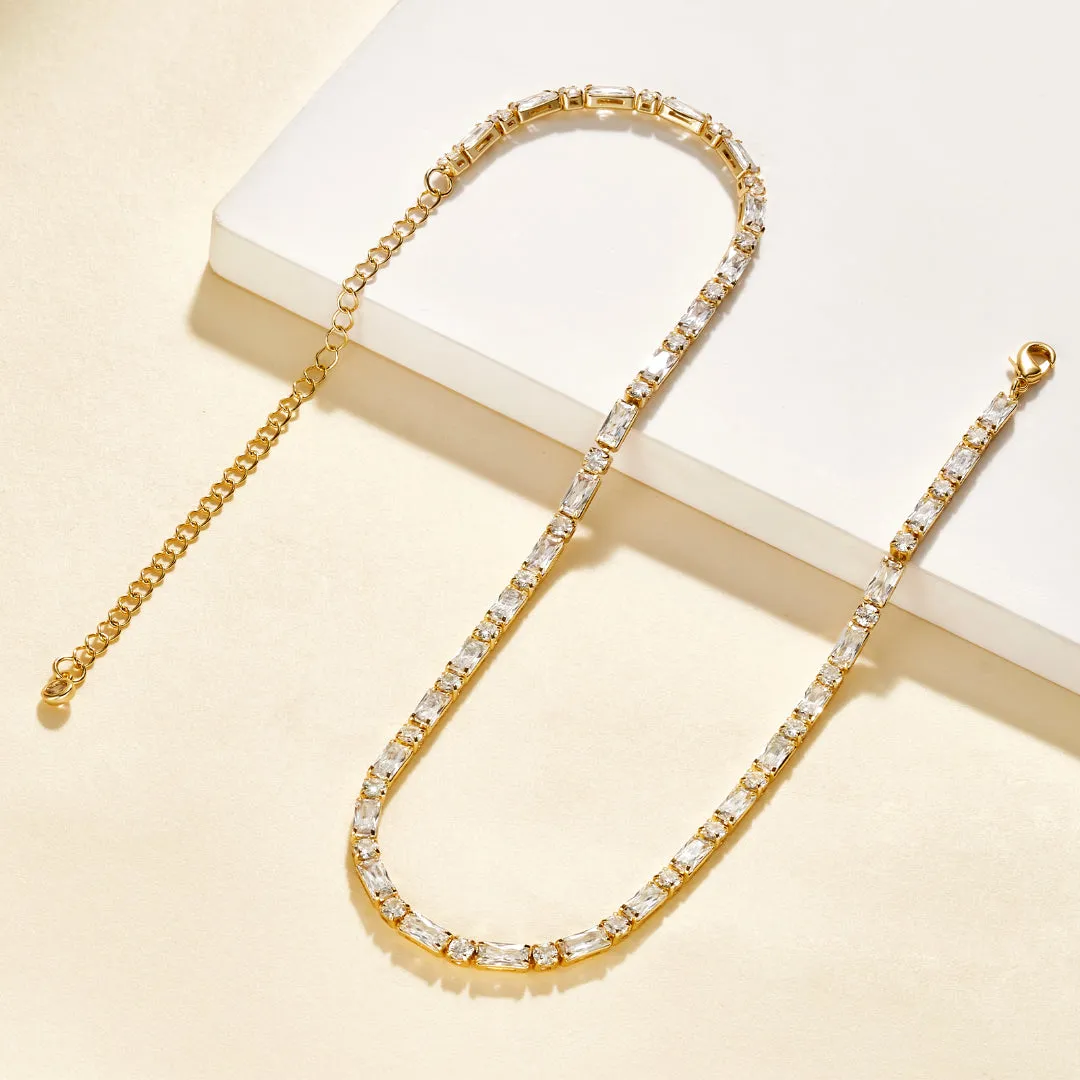 14K Gold Diamond Tennis Necklace CZ Baguette Tennis Chain- Square CZ