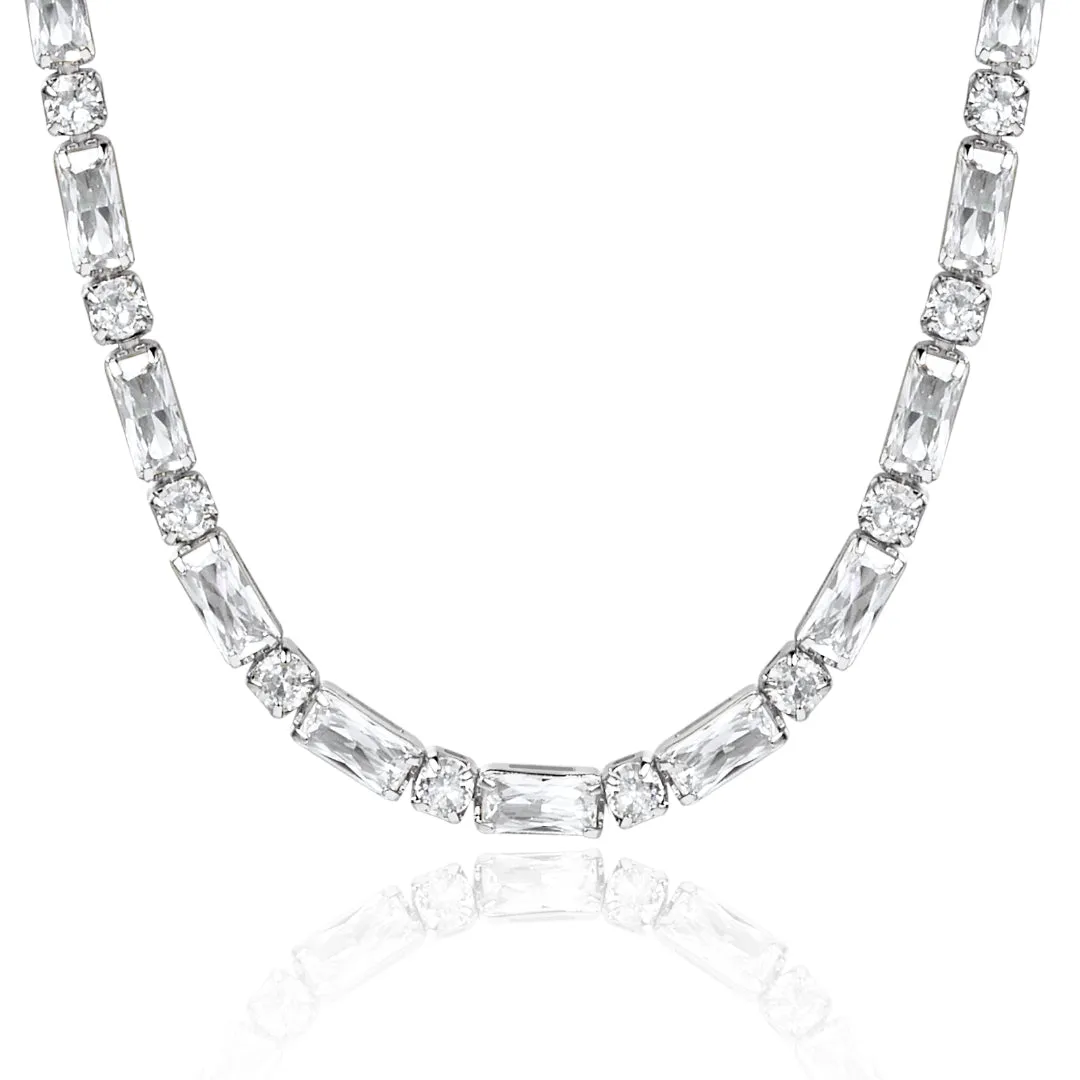 14K Gold Diamond Tennis Necklace CZ Baguette Tennis Chain- Square CZ