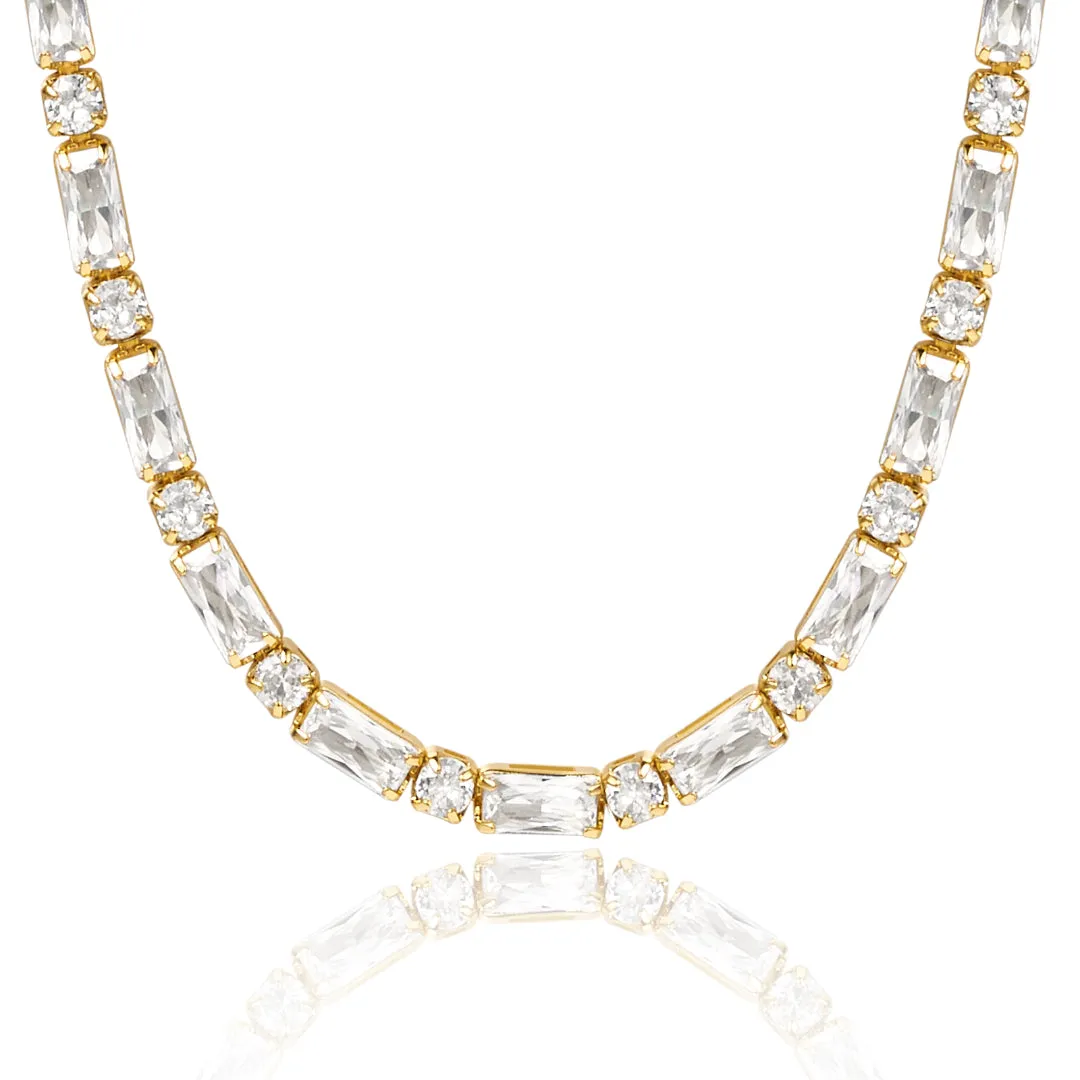 14K Gold Diamond Tennis Necklace CZ Baguette Tennis Chain- Square CZ