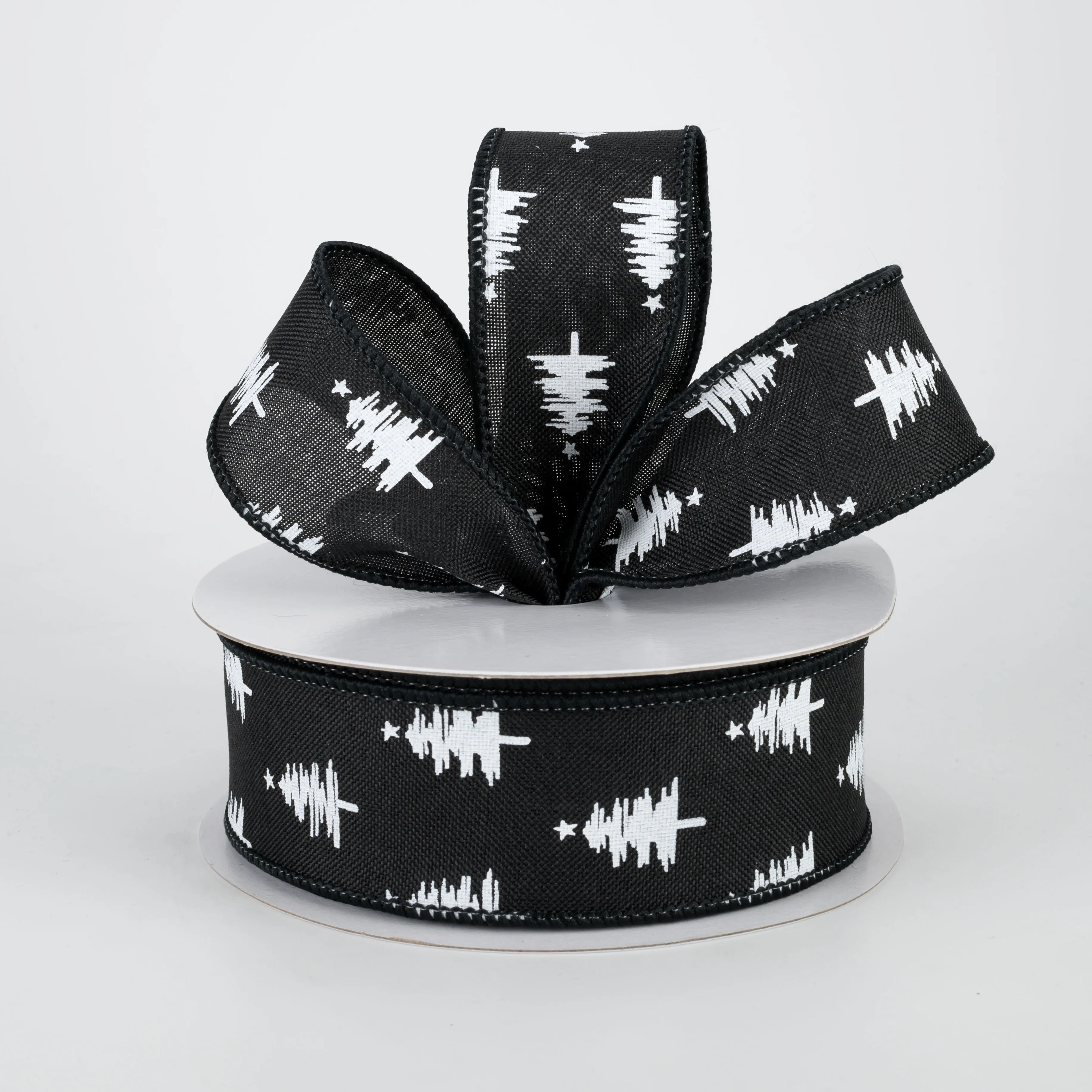 1.5" Christmas Trees Ribbon: Black (10 Yards)