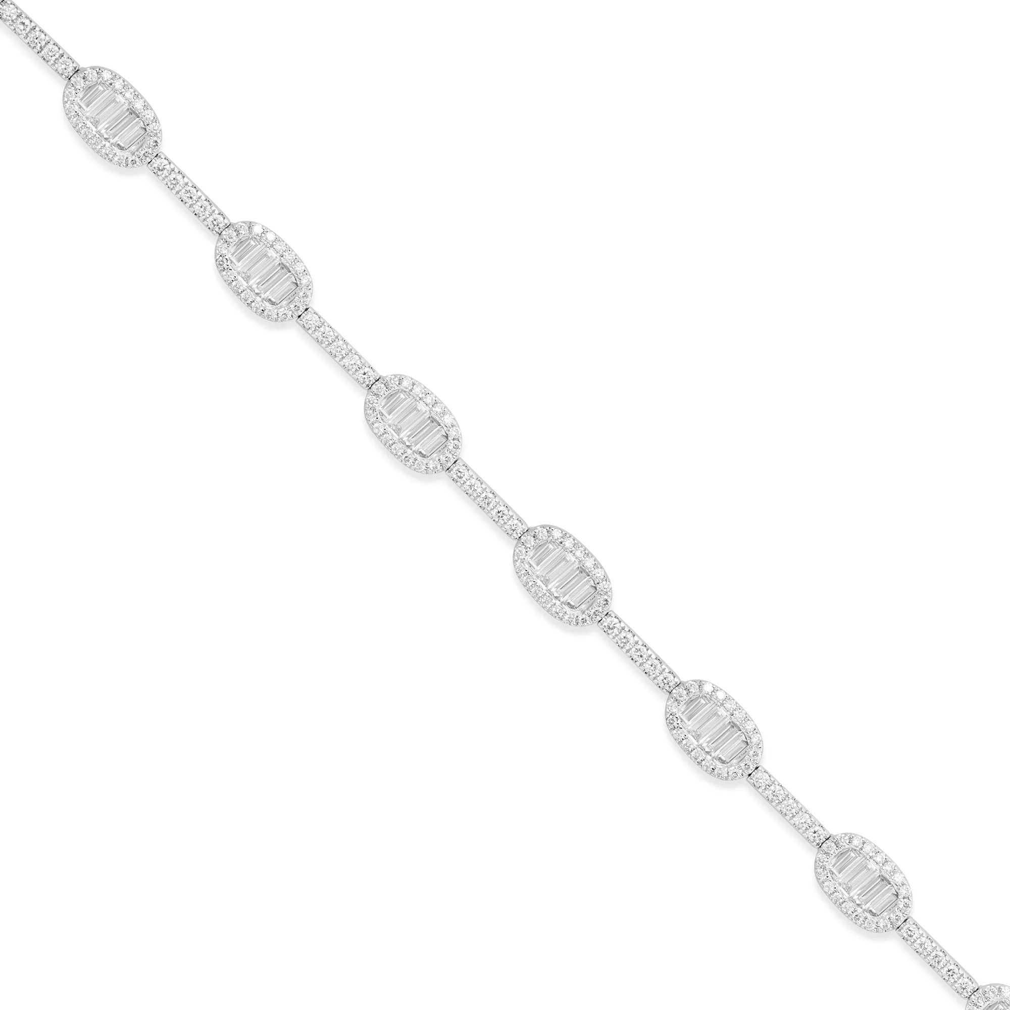 18k White Gold Baguette & Round Diamond Oval Tennis Bracelet