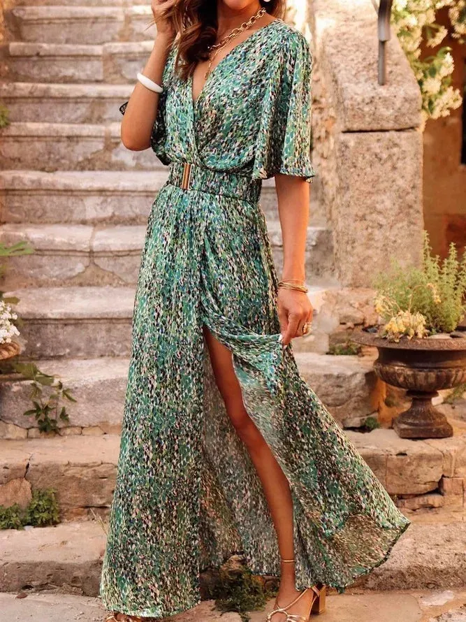 2024 Fashionable V Neck Short Sleeve Spring Summer Boho Dress