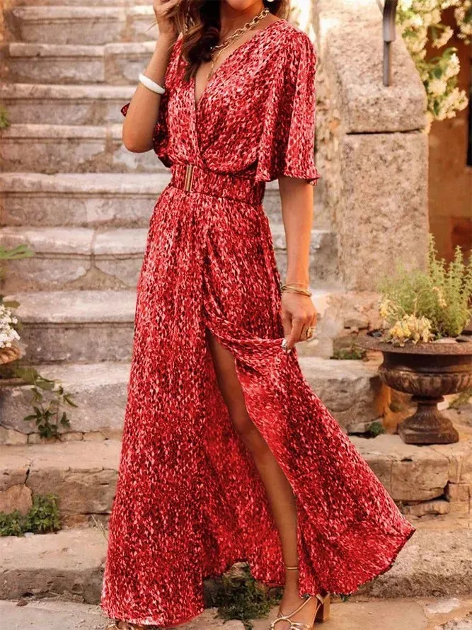 2024 Fashionable V Neck Short Sleeve Spring Summer Boho Dress