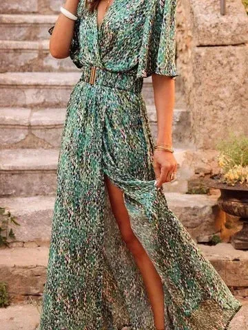 2024 Fashionable V Neck Short Sleeve Spring Summer Boho Dress