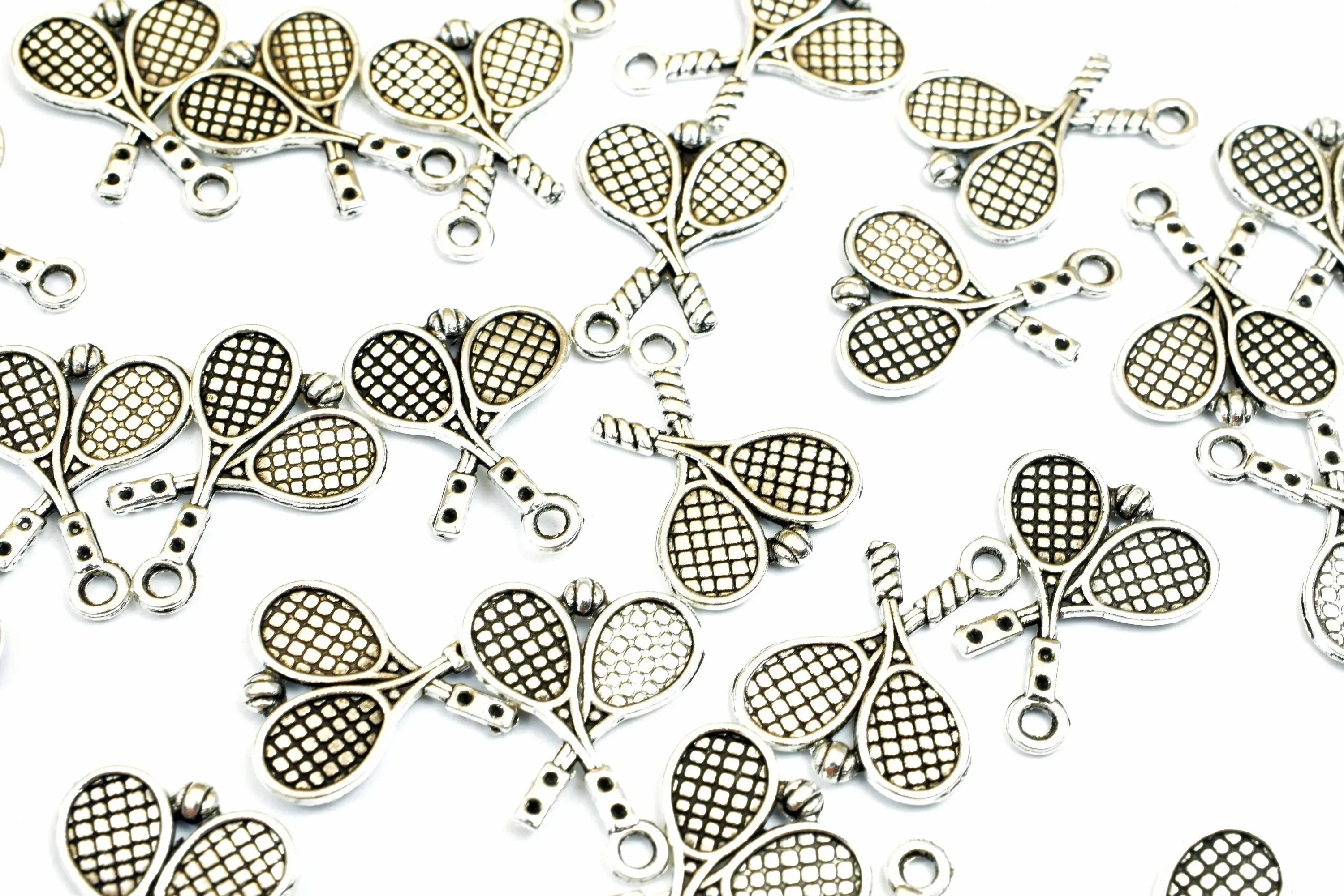 26 PCs Tennis Racket Charms Alloy Antique Silver Size 19x14mm Jump Ring Size 2mm Findings For Jewelry Making