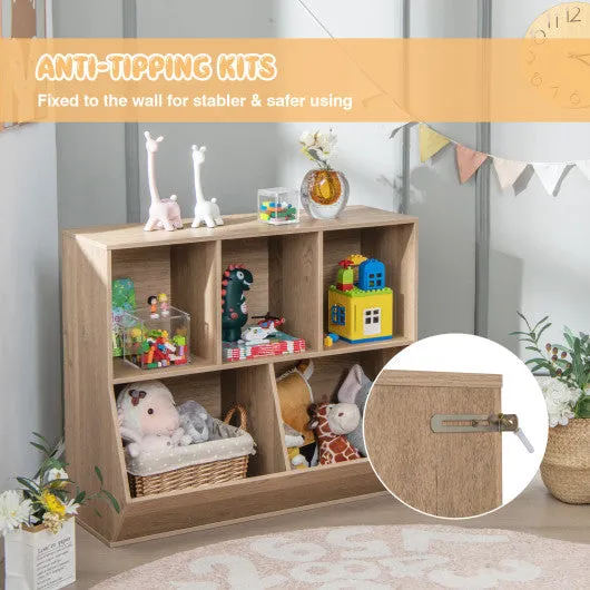 5-Cube Wooden Kids Toy Storage Organizer With Anti-Tipping Kits-Natural