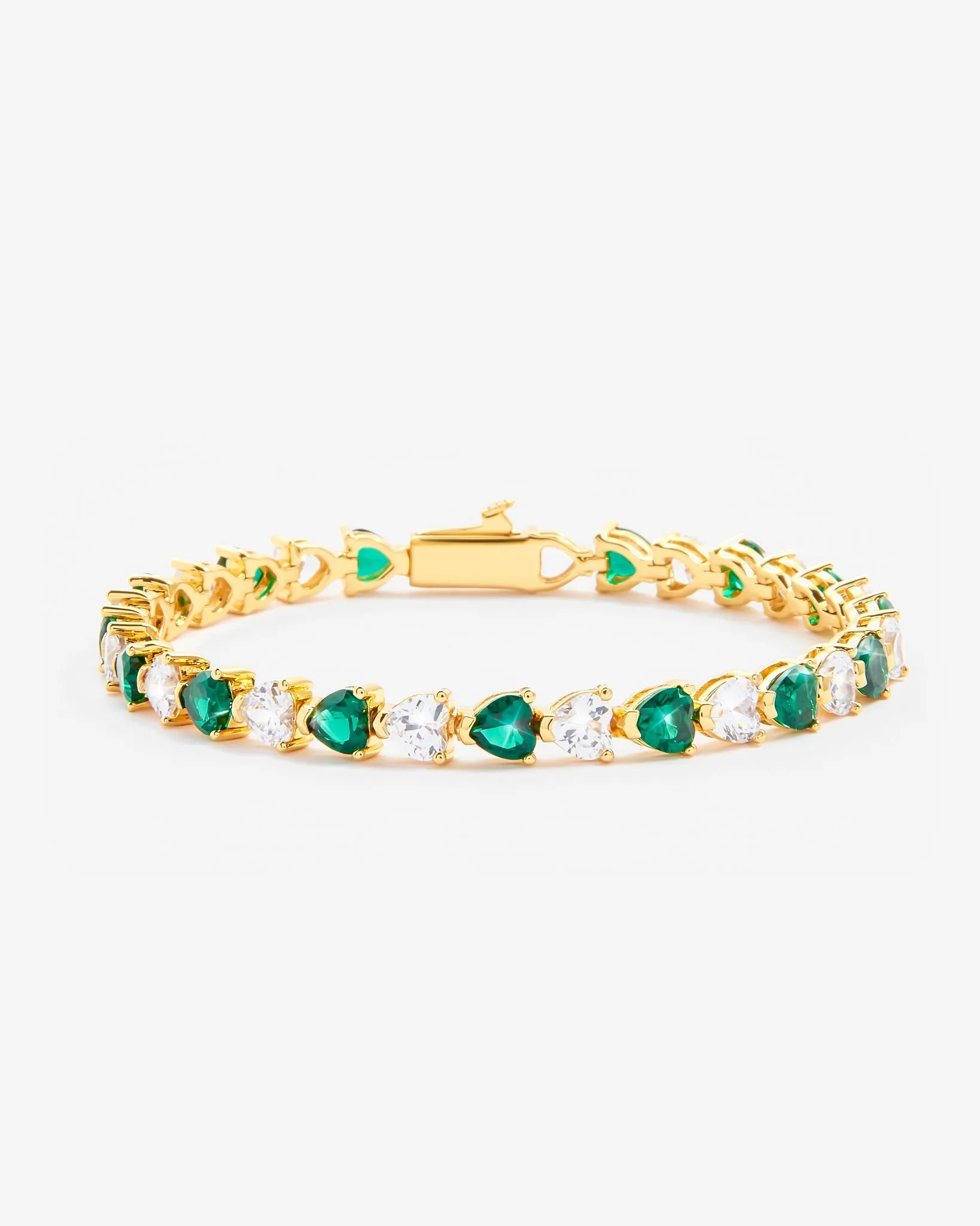 5mm White & Green Heart Tennis Link Bracelet - Gold