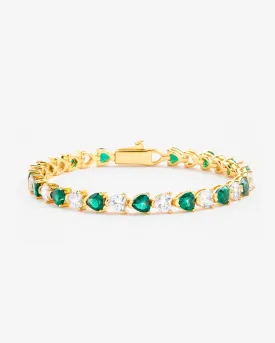 5mm White & Green Heart Tennis Link Bracelet - Gold