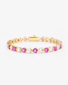 5mm White & Pink Heart Tennis Link Bracelet - Gold