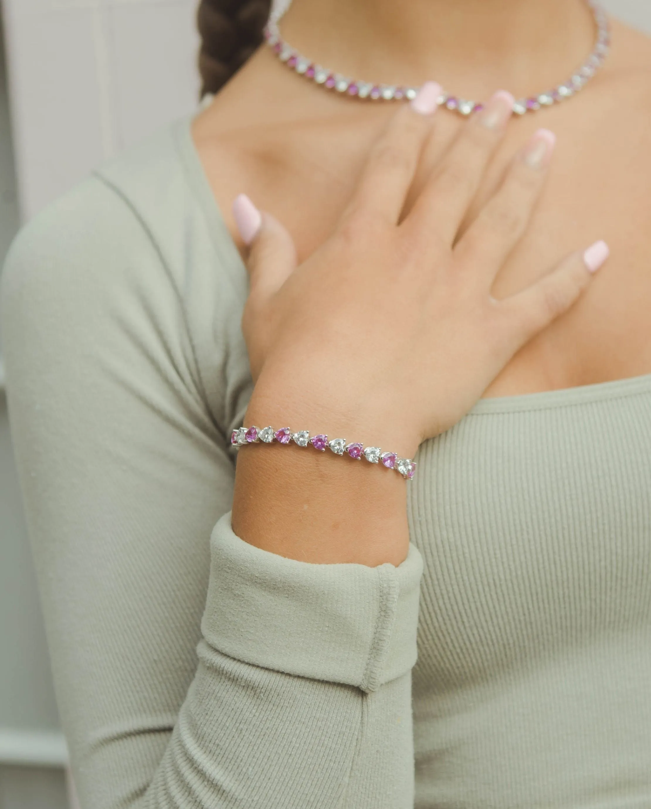 5mm White & Pink Heart Tennis Link Bracelet