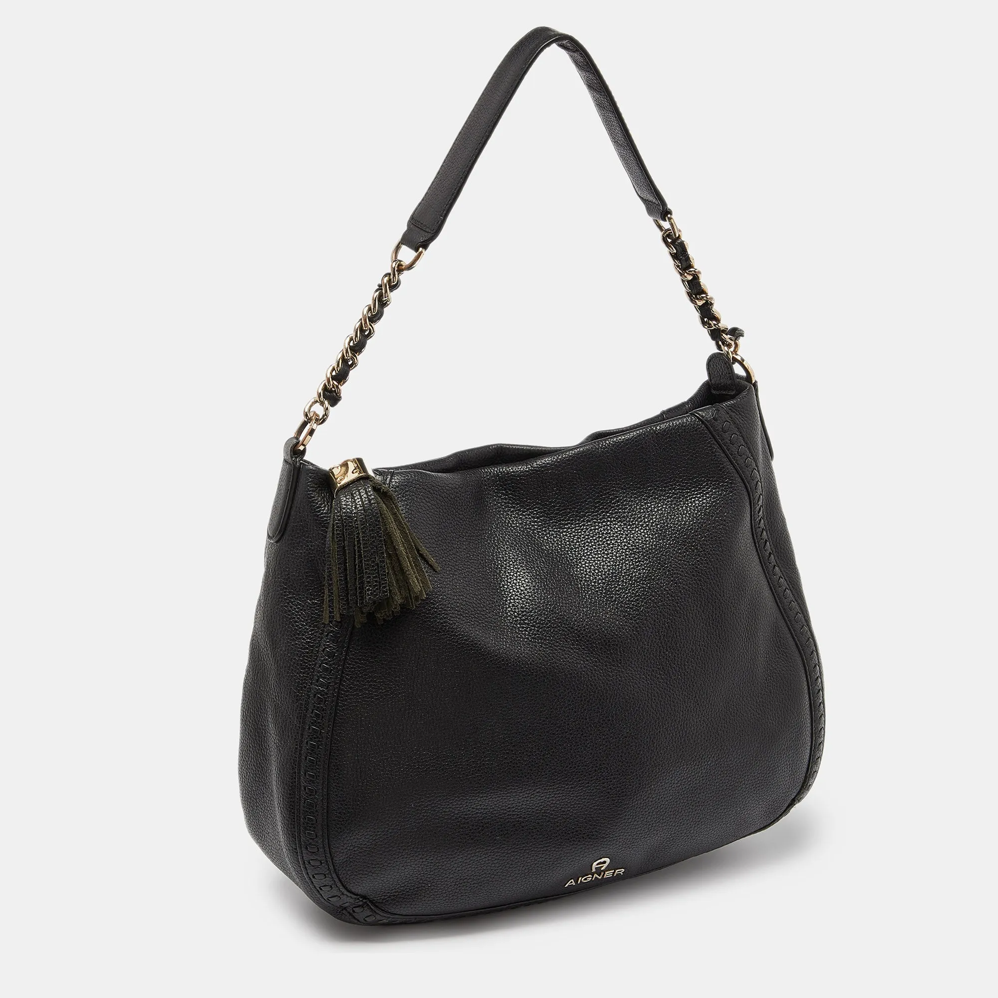 AIGNER Black Leather Zip Hobo