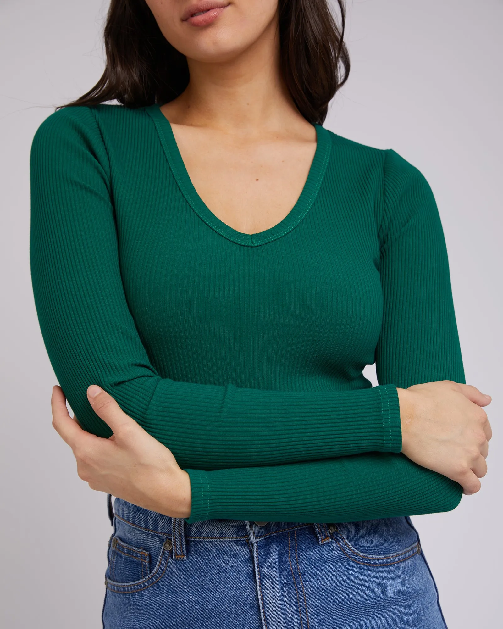 All About Eve Rib V Neck L/S Top Emerald