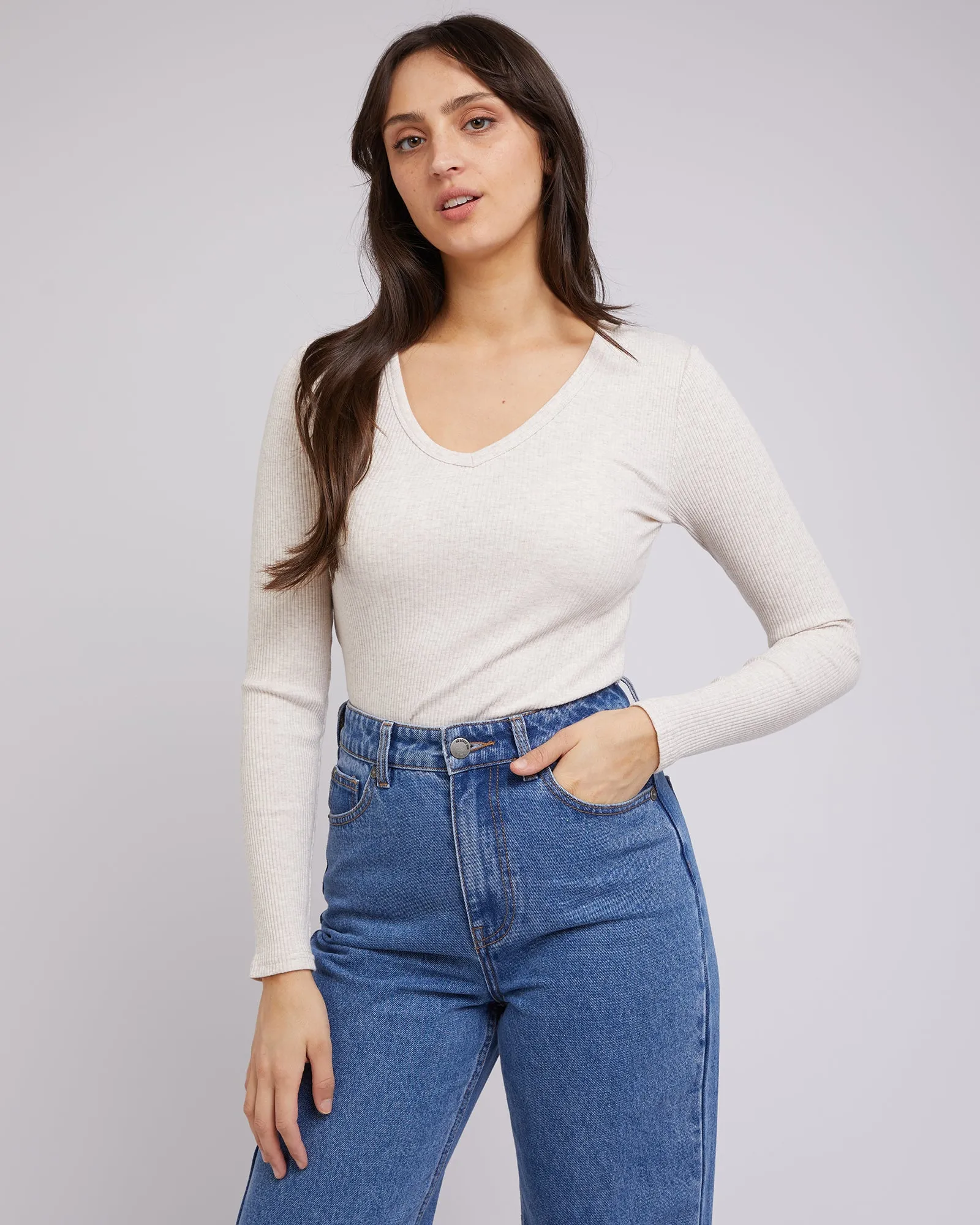 All About Eve Rib V Neck L/S Top Oatmeal