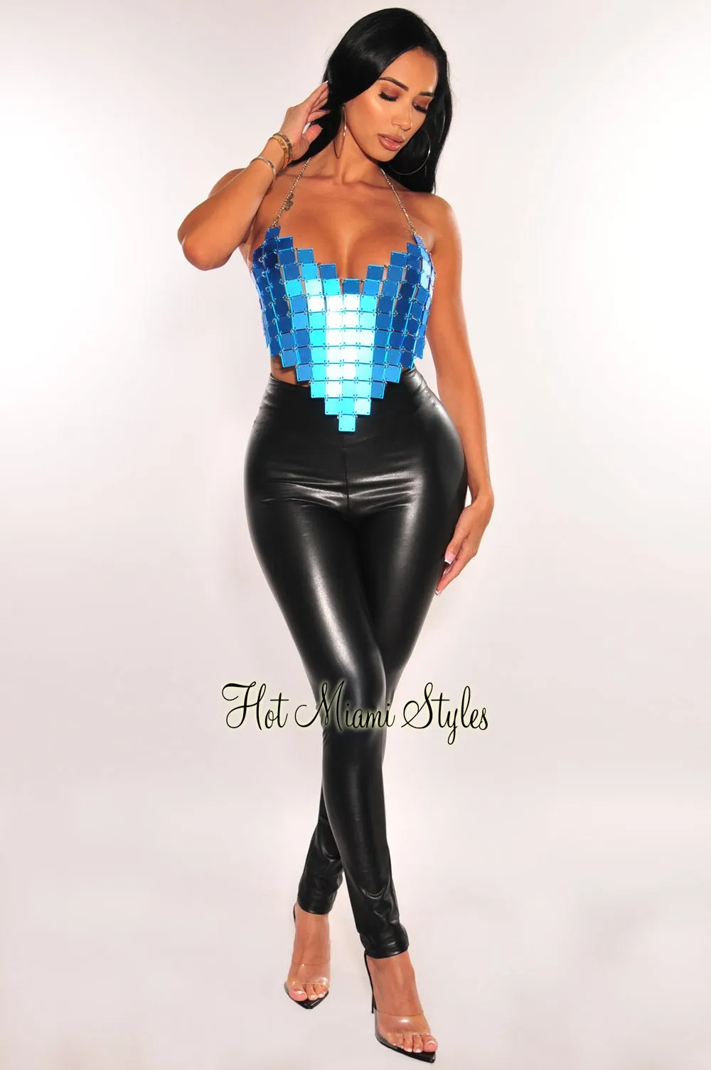 Aqua Metallic Halter Square Chainmail Crop Top