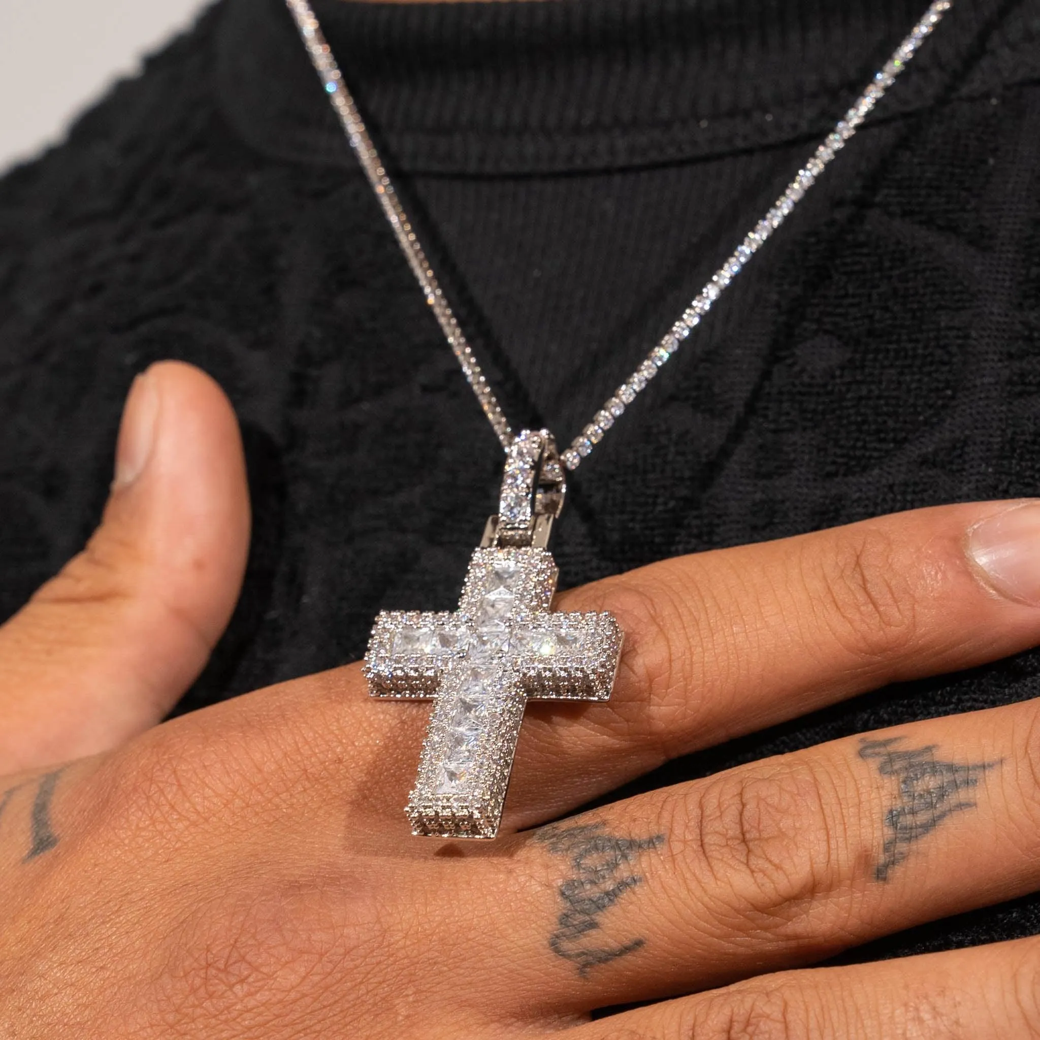 Baguette Cross Pendant - White Gold