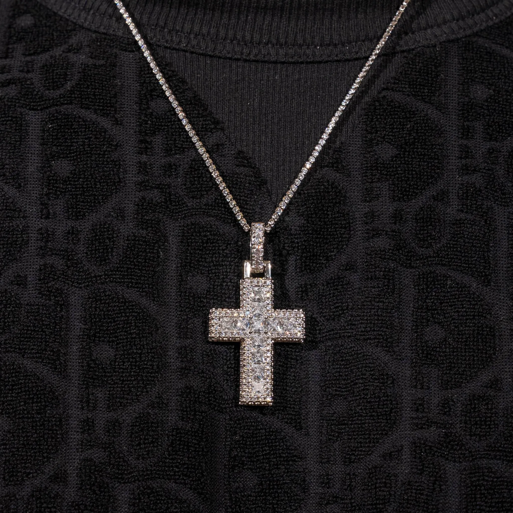 Baguette Cross Pendant - White Gold