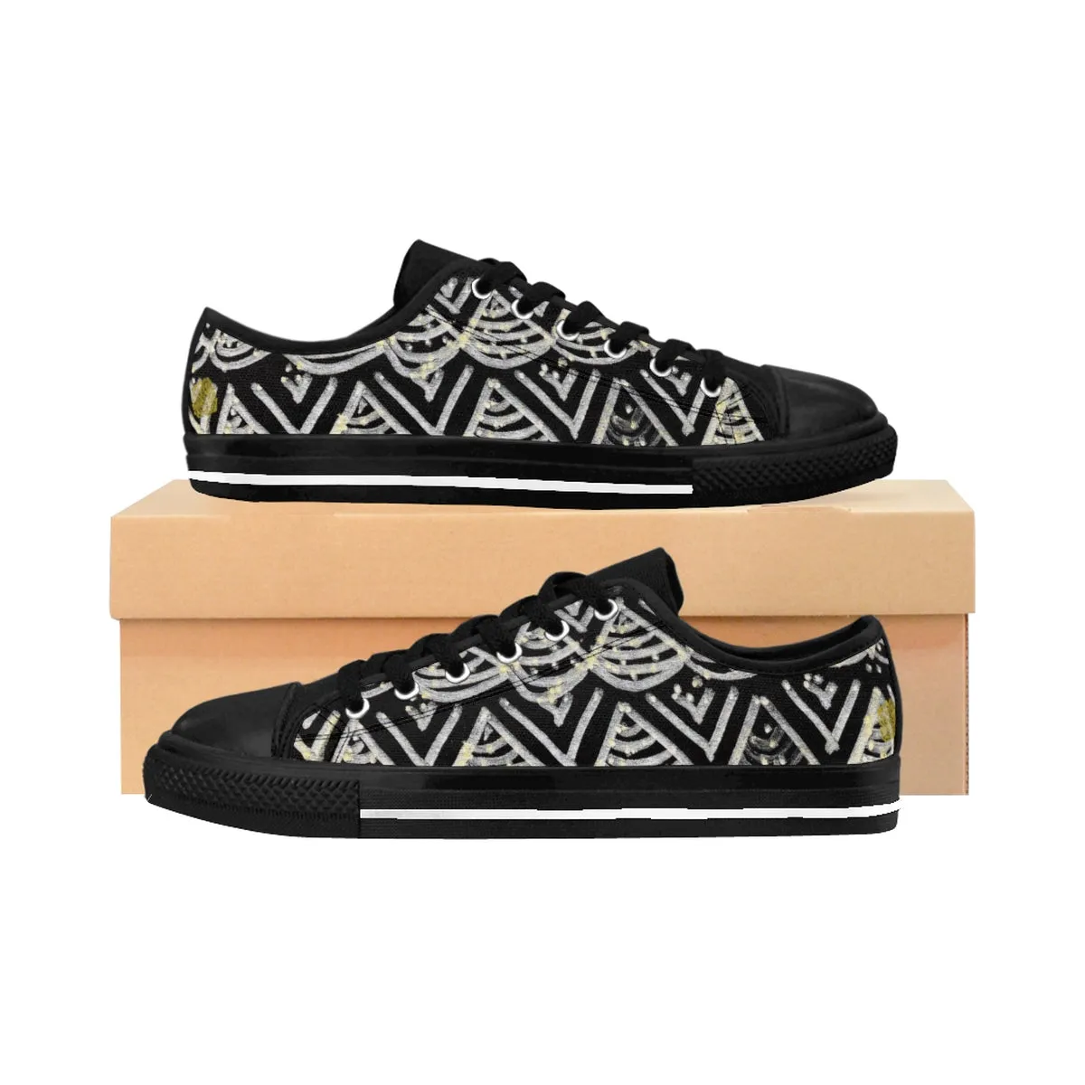 Black Chevron Men's Low Tops, Premium Men's Nylon Canvas Tennis Fashion Sneakers