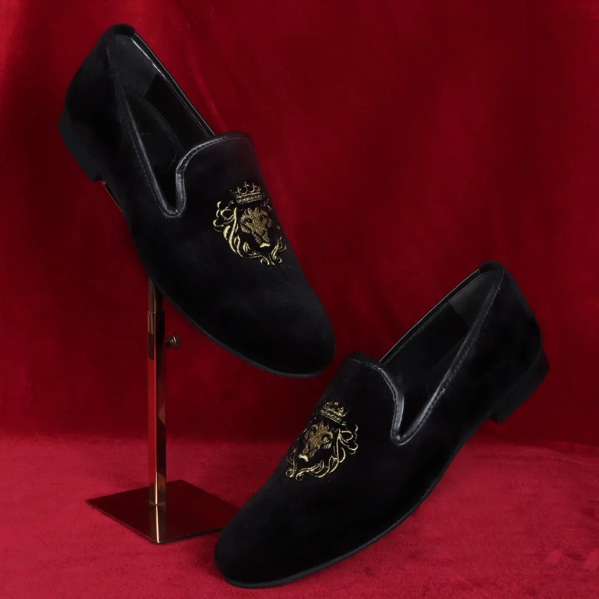 Black Velvet Lion-King Design Men'S Handmade Slip-On By Brune & Bareskin