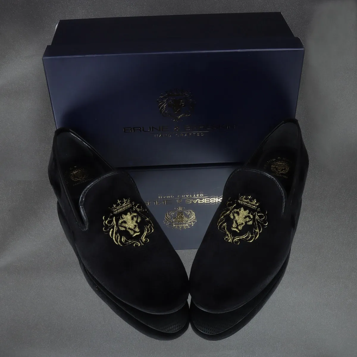 Black Velvet Lion-King Design Men'S Handmade Slip-On By Brune & Bareskin