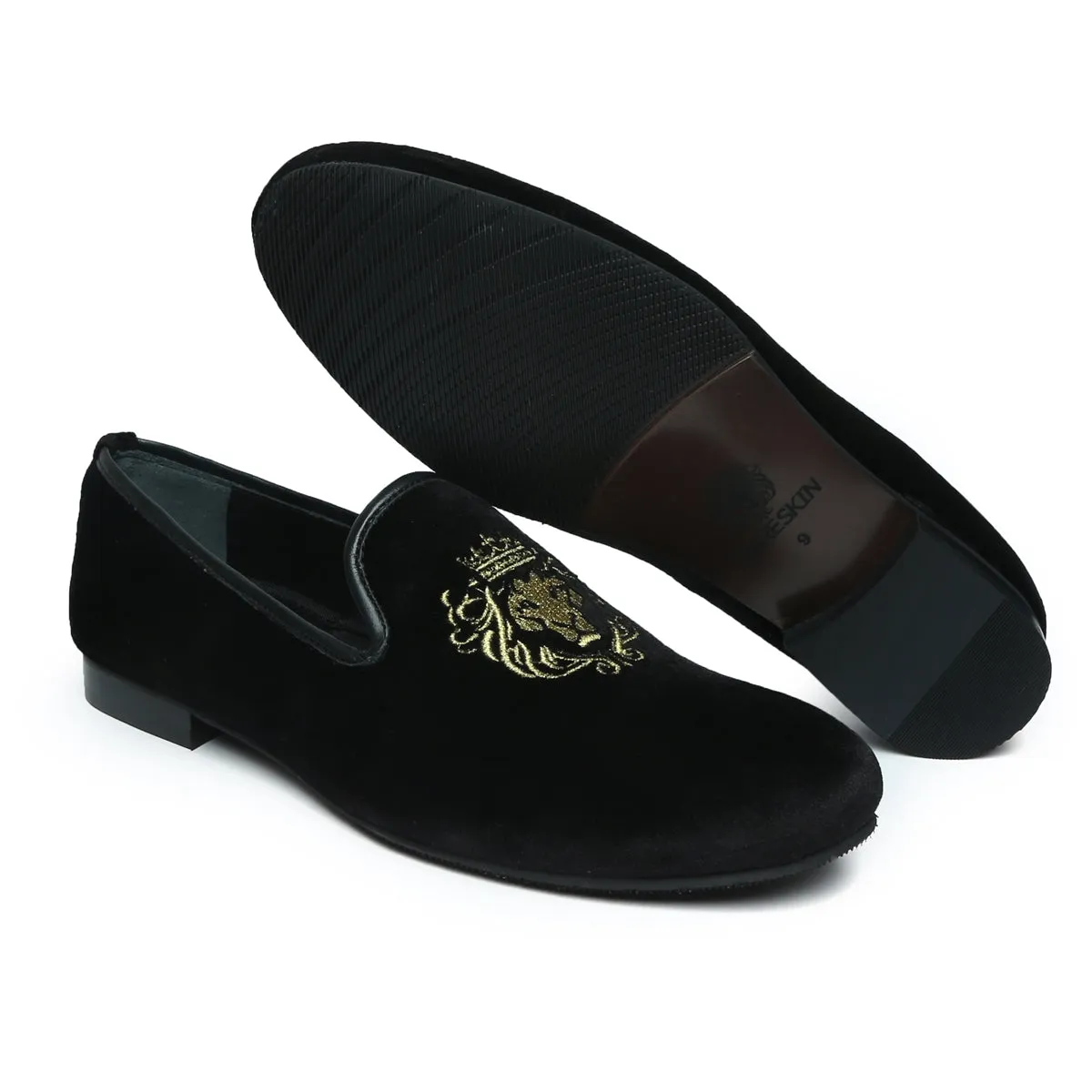 Black Velvet Lion-King Design Men'S Handmade Slip-On By Brune & Bareskin