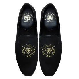 Black Velvet Lion-King Design Men'S Handmade Slip-On By Brune & Bareskin