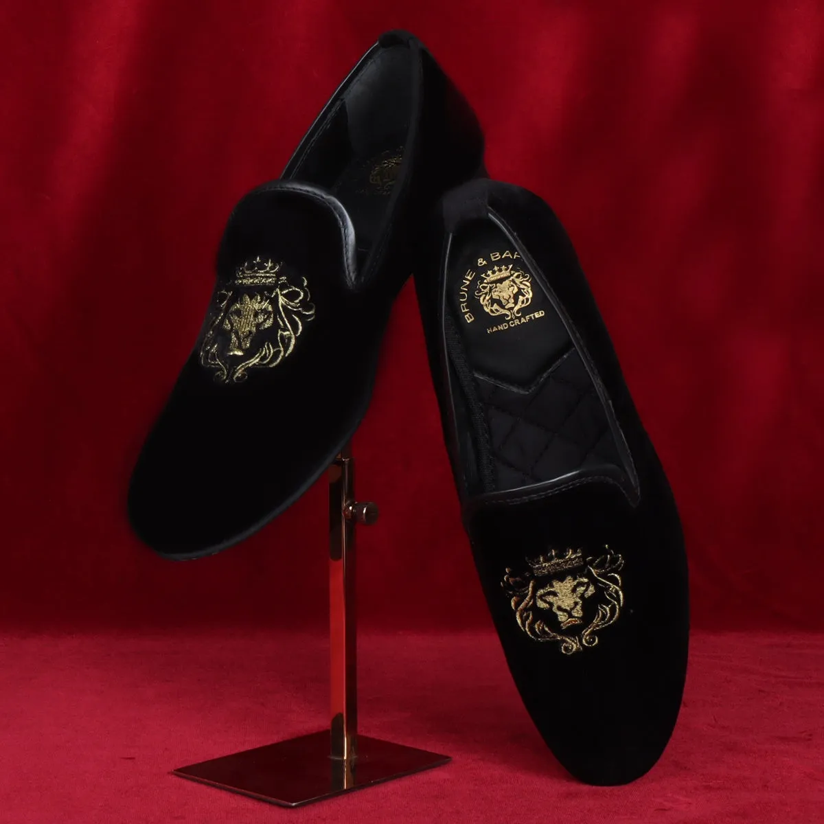 Black Velvet Lion-King Design Men'S Handmade Slip-On By Brune & Bareskin