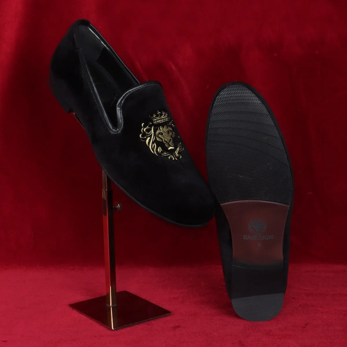 Black Velvet Lion-King Design Men'S Handmade Slip-On By Brune & Bareskin