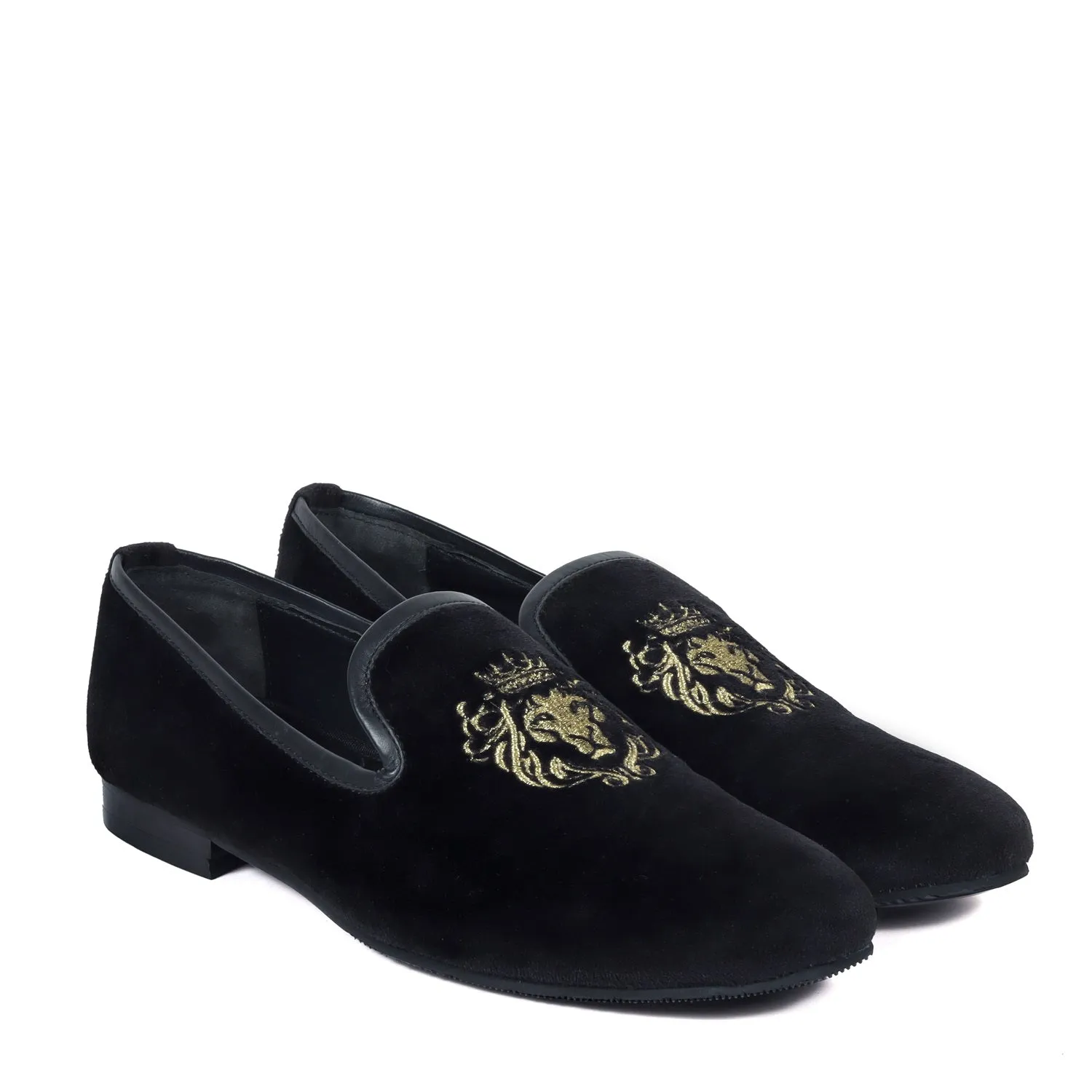 Black Velvet Lion-King Design Men'S Handmade Slip-On By Brune & Bareskin