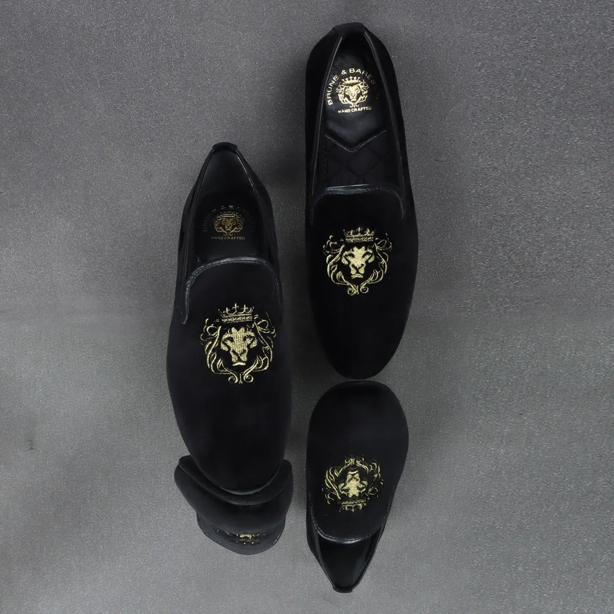 Black Velvet Lion-King Design Men'S Handmade Slip-On By Brune & Bareskin