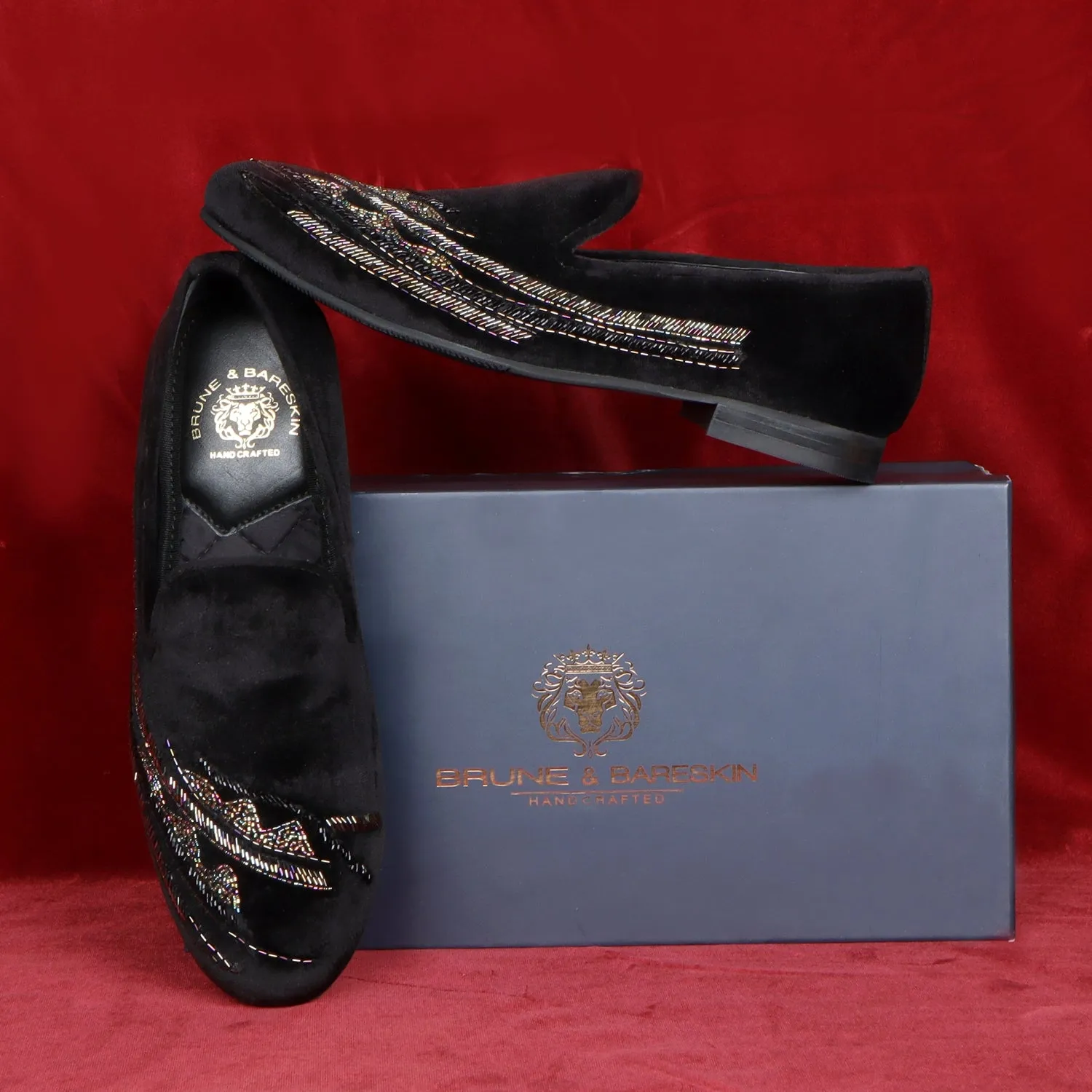 Black Velvet Slip-On Shoes with Multi-Color Abstract Embellishments