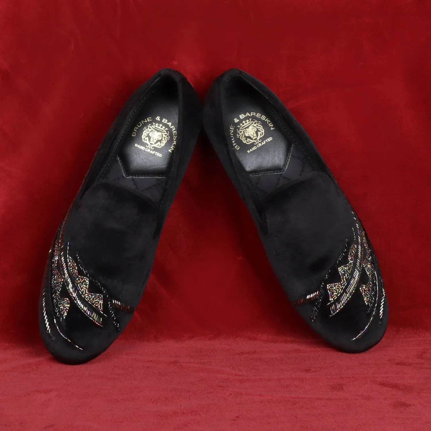 Black Velvet Slip-On Shoes with Multi-Color Abstract Embellishments