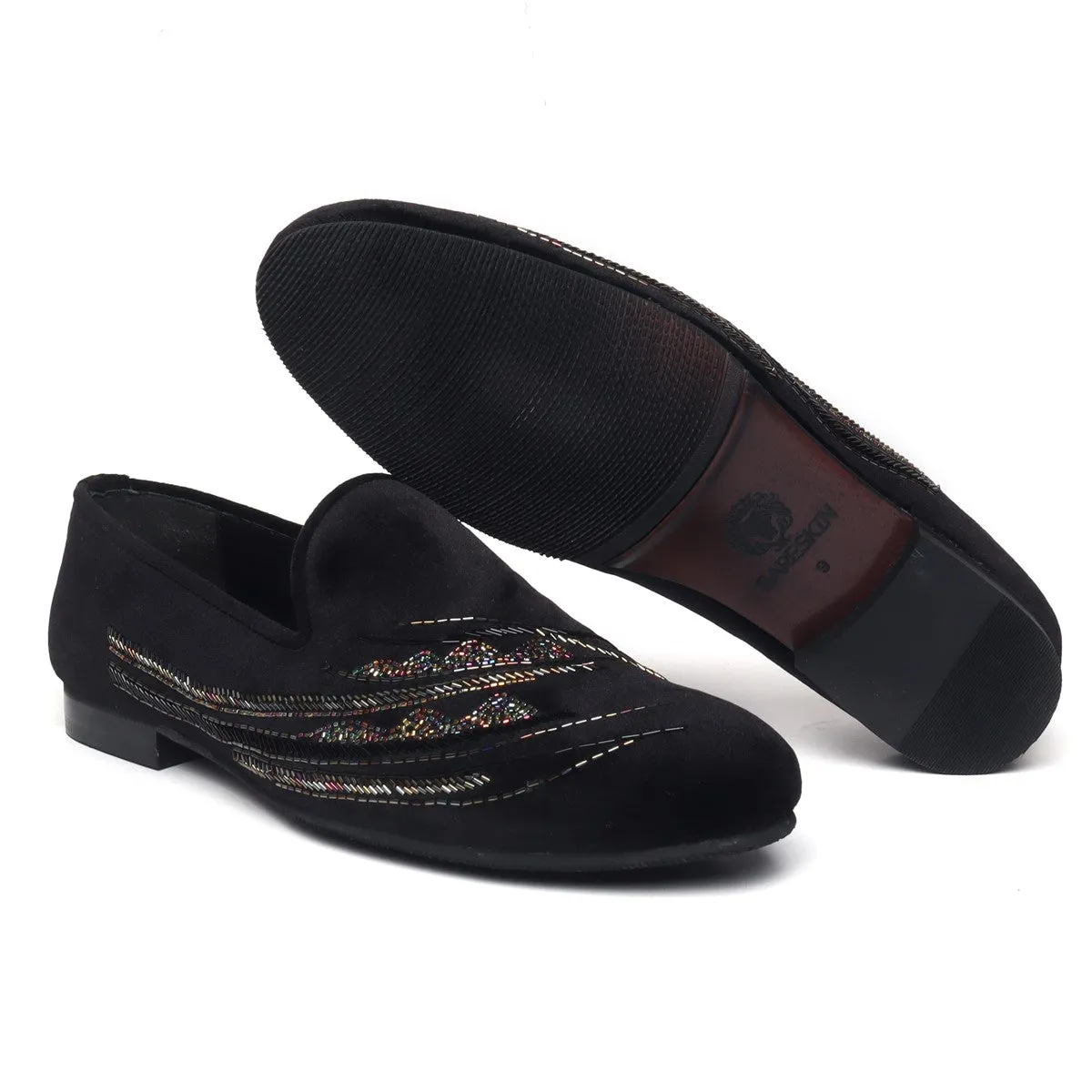 Black Velvet Slip-On Shoes with Multi-Color Abstract Embellishments