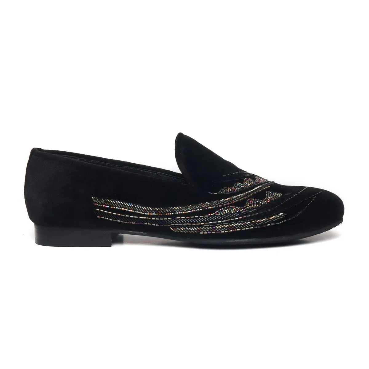 Black Velvet Slip-On Shoes with Multi-Color Abstract Embellishments