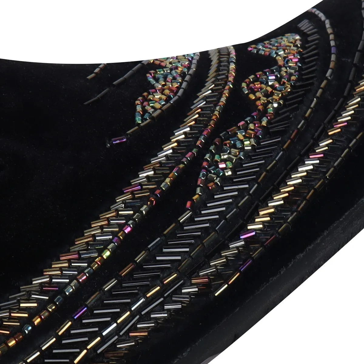 Black Velvet Slip-On Shoes with Multi-Color Abstract Embellishments