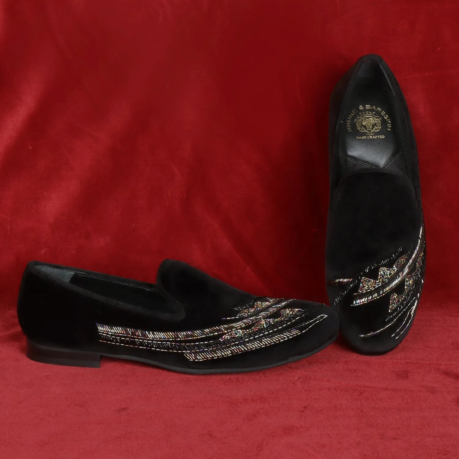 Black Velvet Slip-On Shoes with Multi-Color Abstract Embellishments