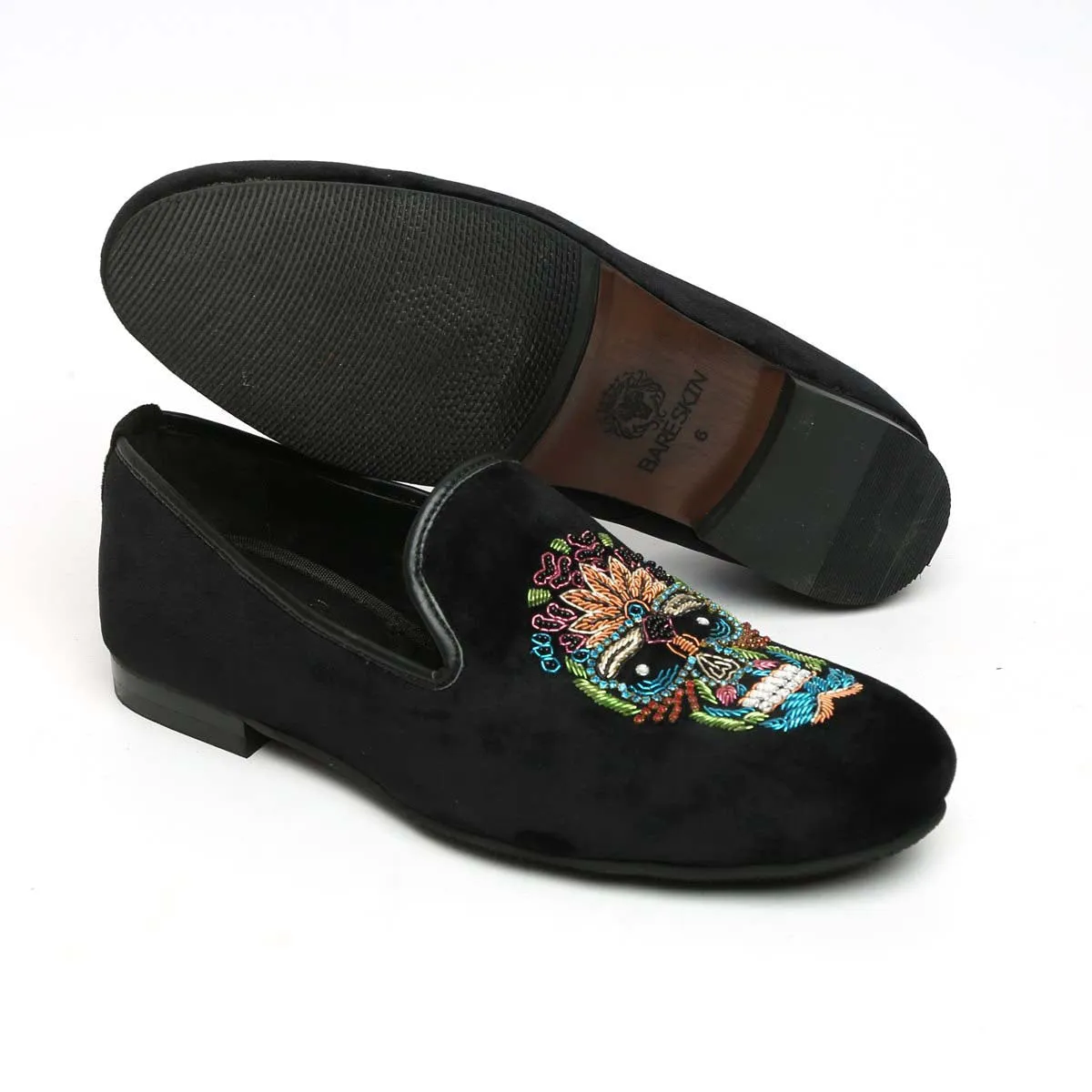 Black Velvet Slip-On with Multi-Colored Handmade Zardosi Skull By Brune & Bareskin