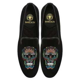 Black Velvet Slip-On with Multi-Colored Handmade Zardosi Skull By Brune & Bareskin