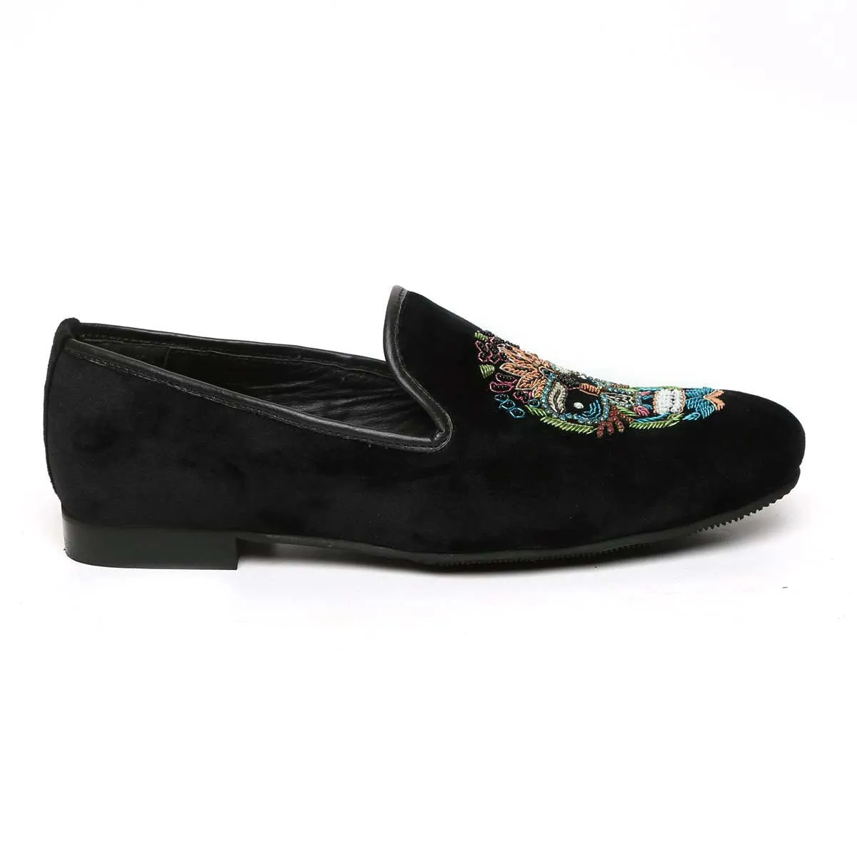 Black Velvet Slip-On with Multi-Colored Handmade Zardosi Skull By Brune & Bareskin