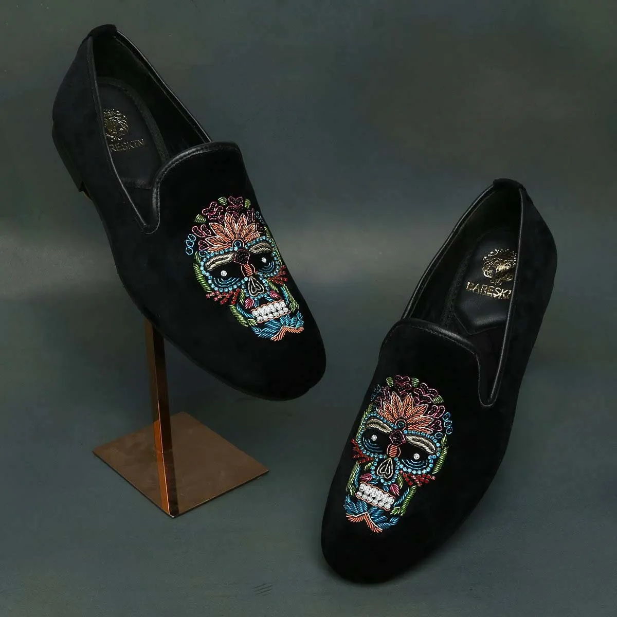 Black Velvet Slip-On with Multi-Colored Handmade Zardosi Skull By Brune & Bareskin