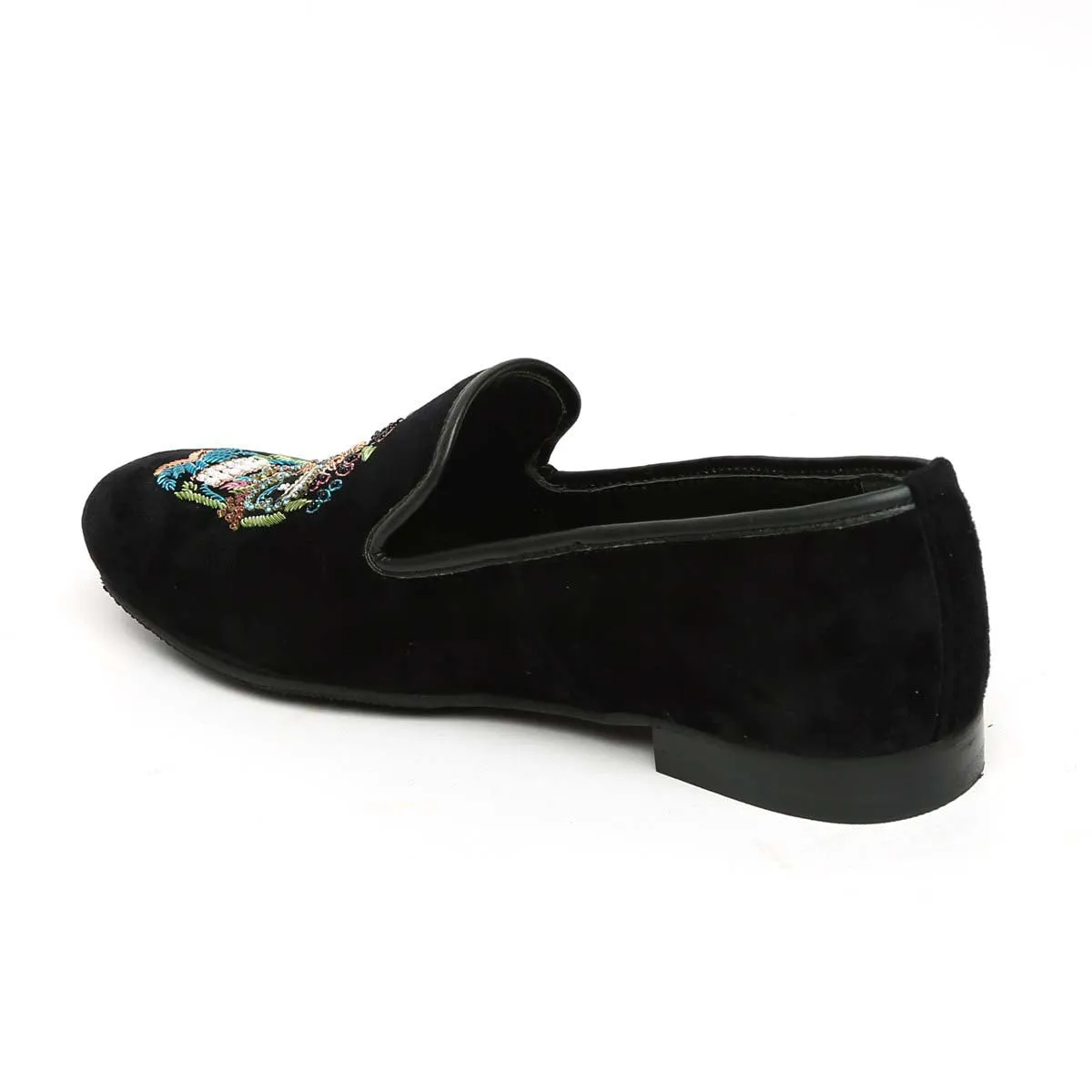 Black Velvet Slip-On with Multi-Colored Handmade Zardosi Skull By Brune & Bareskin