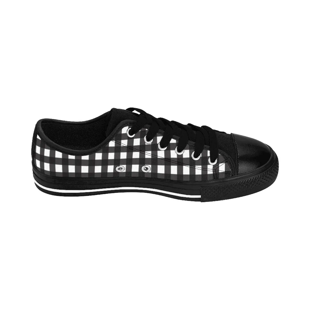 Black White Plaid Men's Sneakers, Buffalo Plaid Preppy Low Top Shoes For Men (US Size: 7-14)