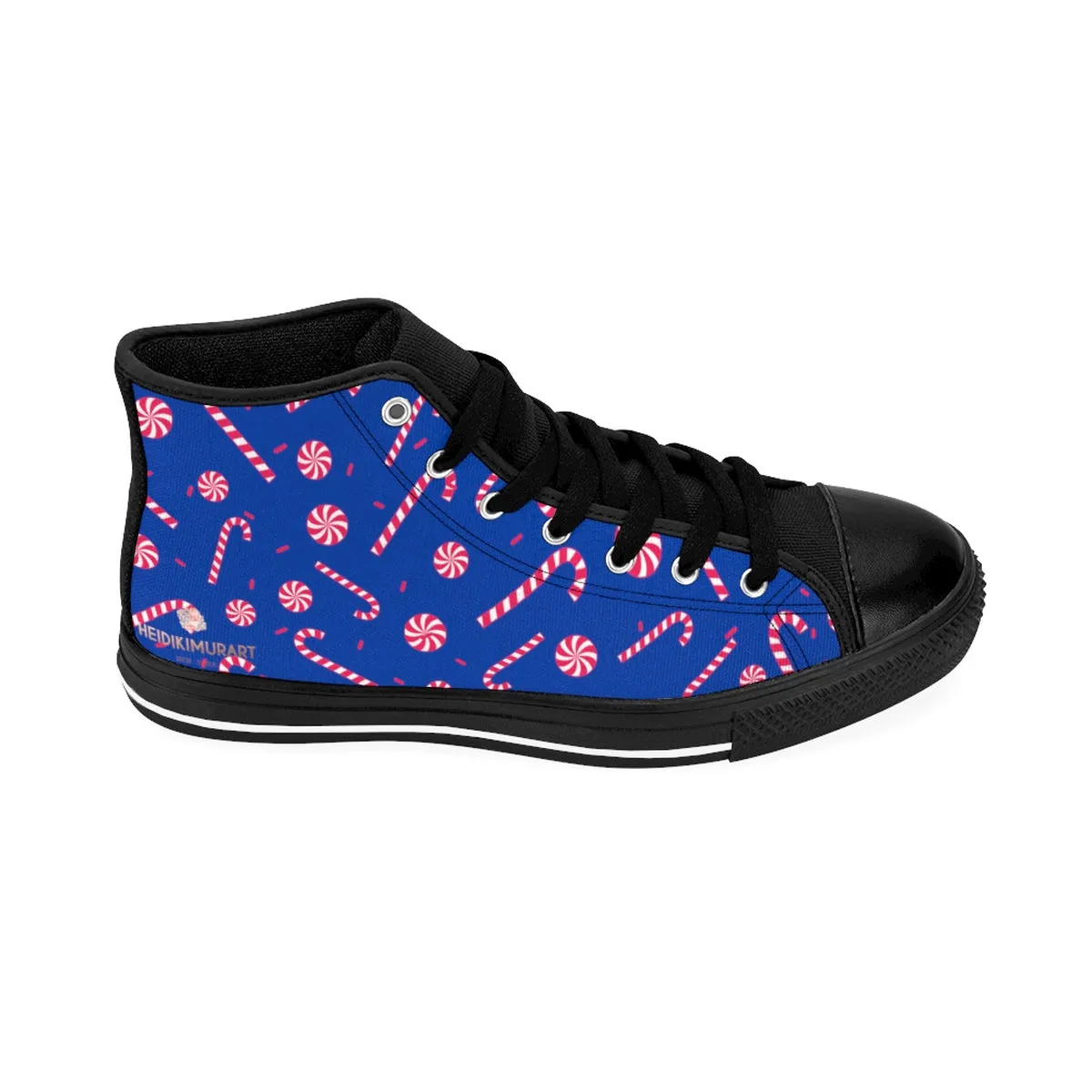 Blue Christmas Men's Sneakers, Red White Candy Cane High-Top Tennis Designer Shoes