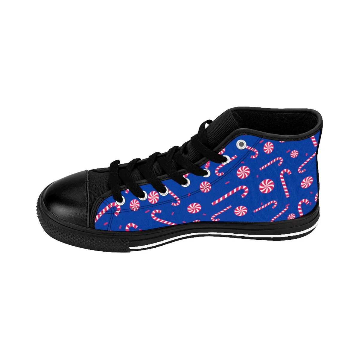 Blue Christmas Men's Sneakers, Red White Candy Cane High-Top Tennis Designer Shoes