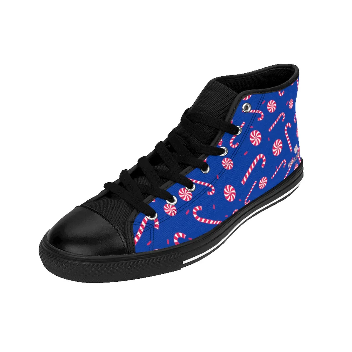 Blue Christmas Men's Sneakers, Red White Candy Cane High-Top Tennis Designer Shoes