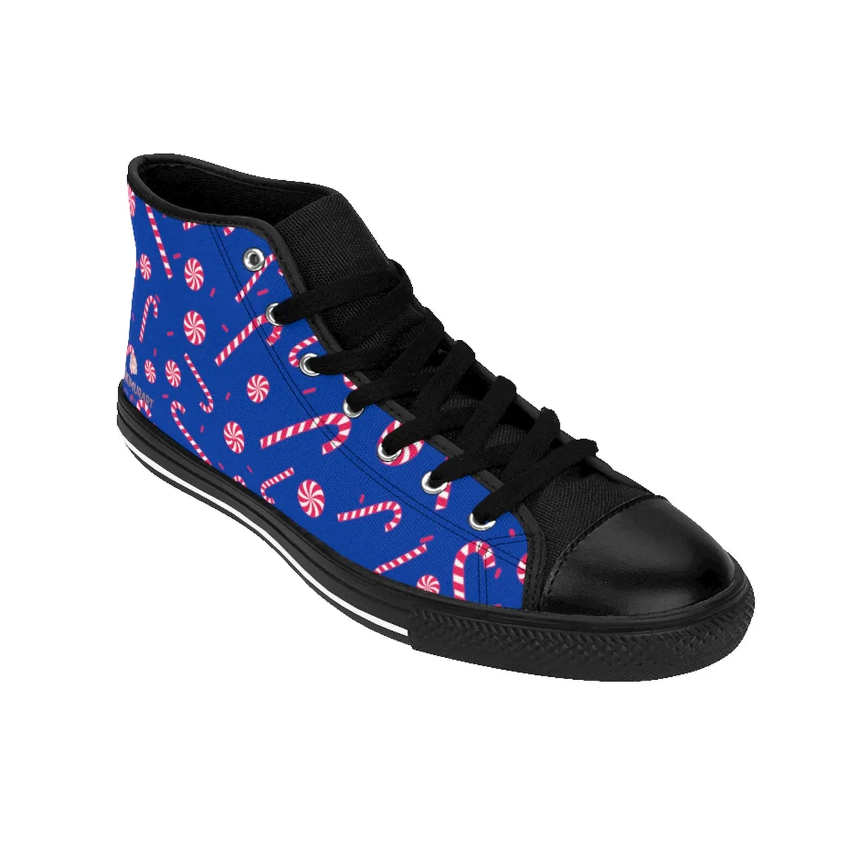 Blue Christmas Men's Sneakers, Red White Candy Cane High-Top Tennis Designer Shoes