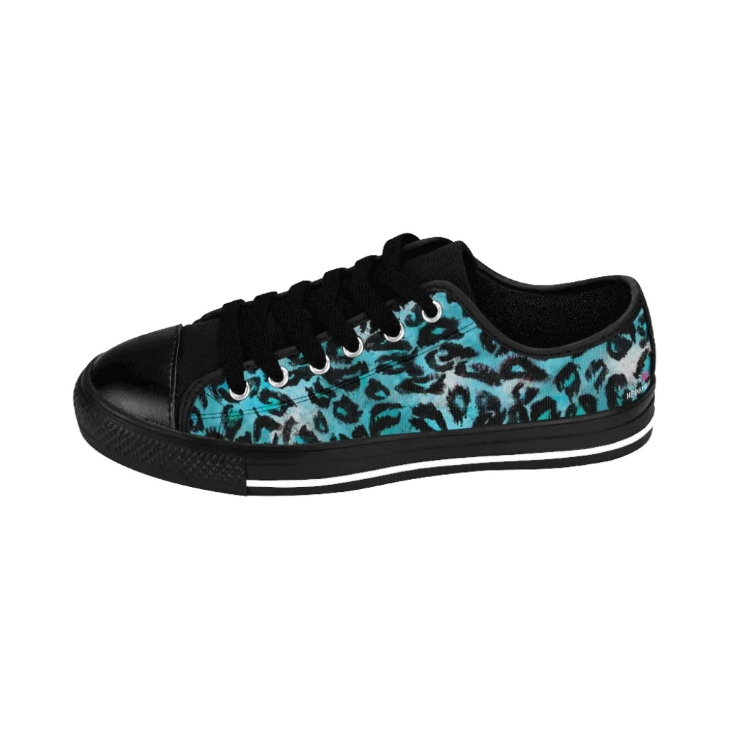 Blue Leopard Print Women's Sneakers, Bright Blue Animal Print Fashion Tennis Canvas Shoes For Ladies