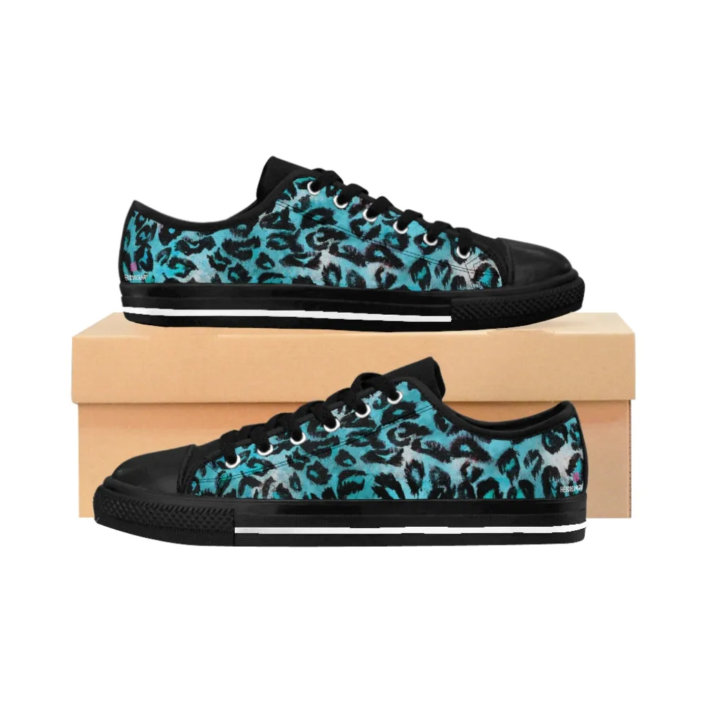 Blue Leopard Print Women's Sneakers, Bright Blue Animal Print Fashion Tennis Canvas Shoes For Ladies